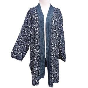 Vintage Anne Namba Women Silk Kimono Cardigan XL Blue Geometric Print Open Front